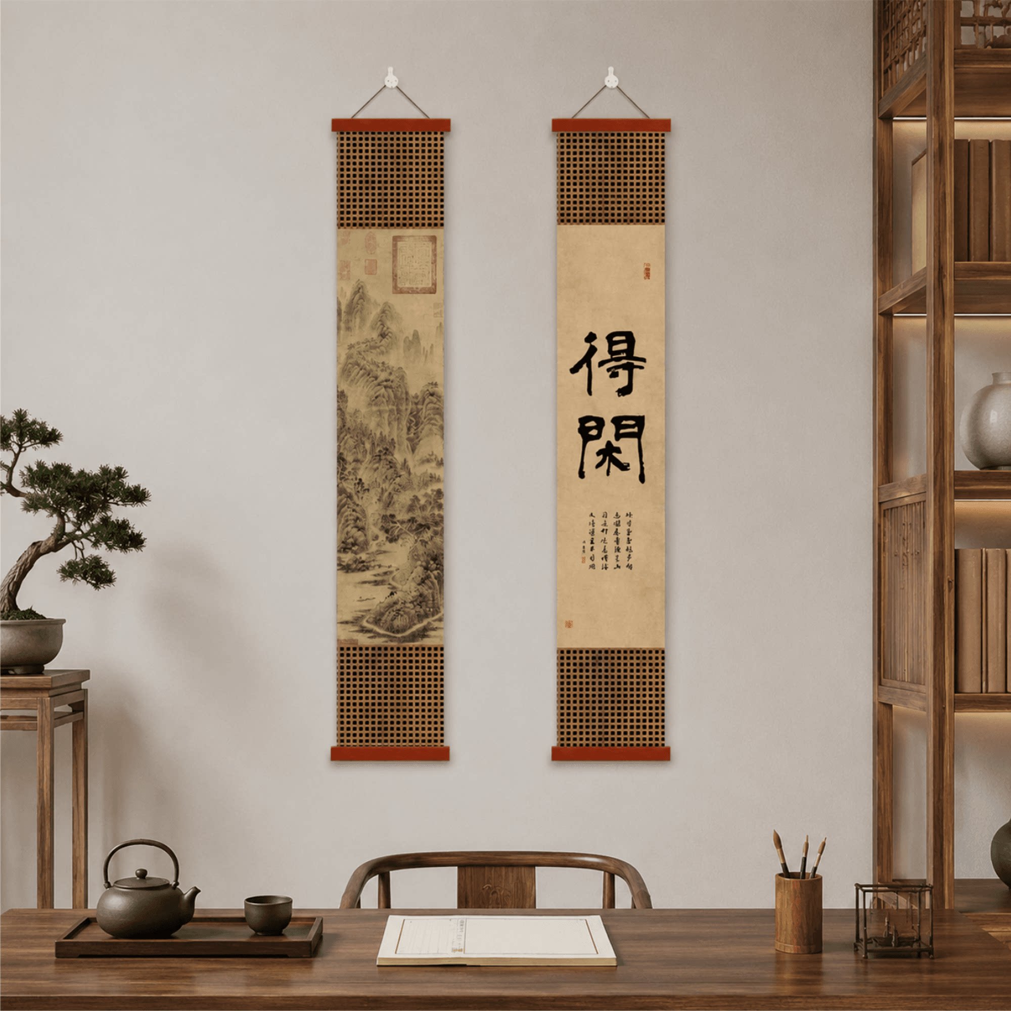 新中式复古禅意书房茶室玄关装饰画得闲书法山水竖版实木边框挂画