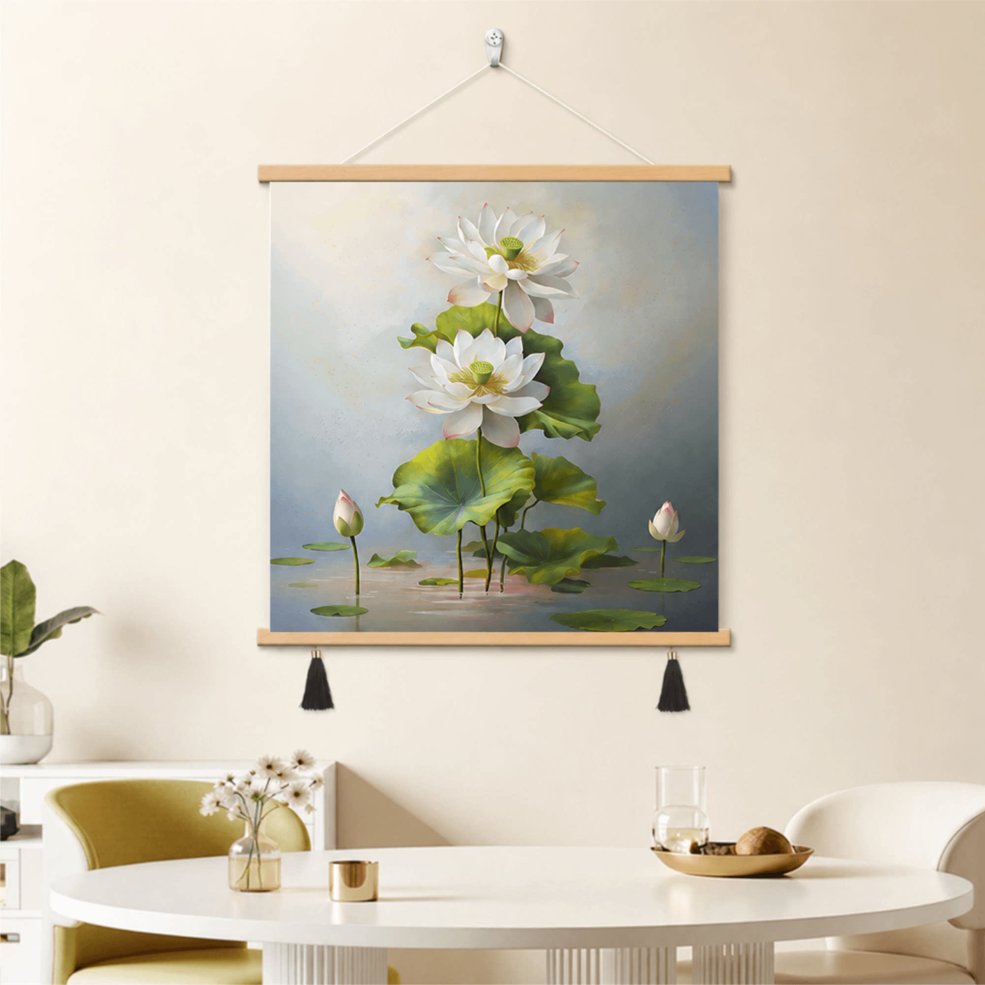 新中式油画感白荷花装饰挂画客厅餐厅墙面背景墙温柔卧室床头挂画