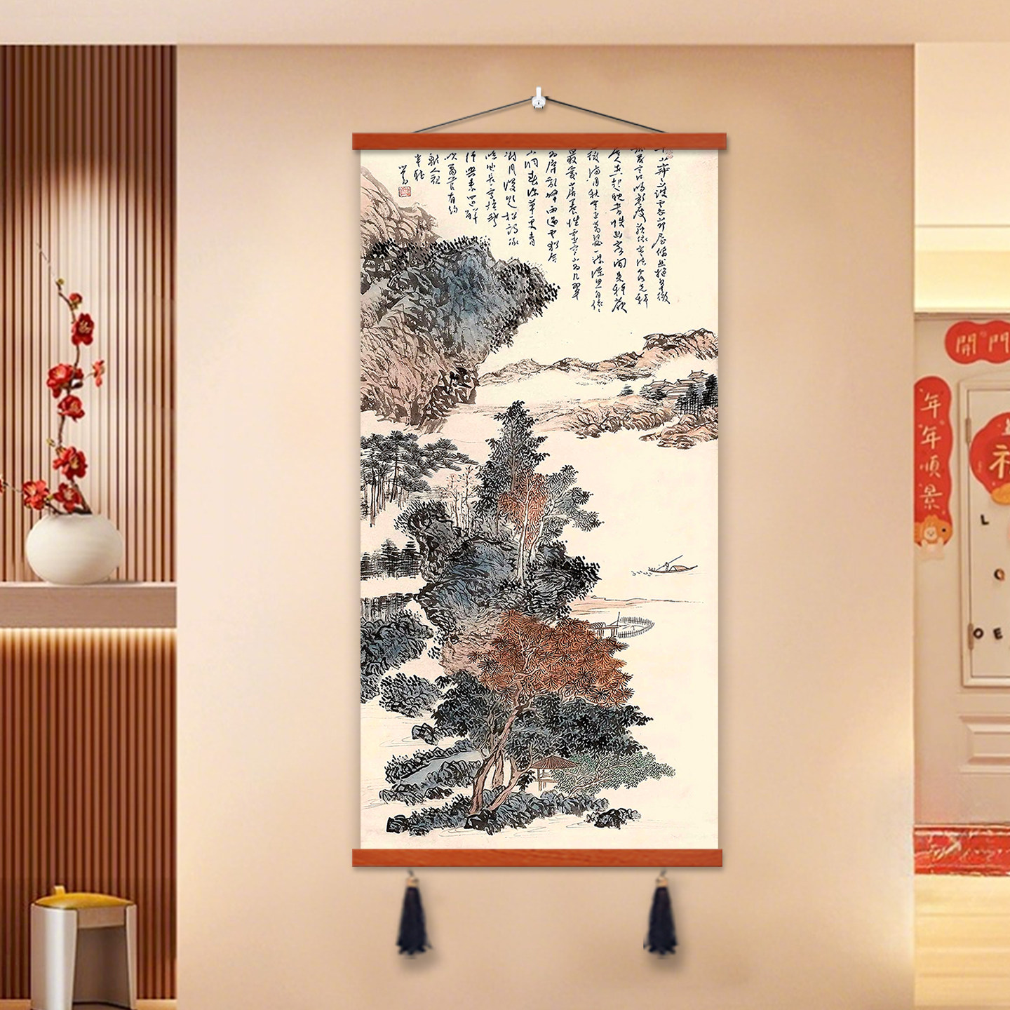 新中式山光水色玄关装饰画茶室背景墙挂画书法山水画禅意竖版壁画