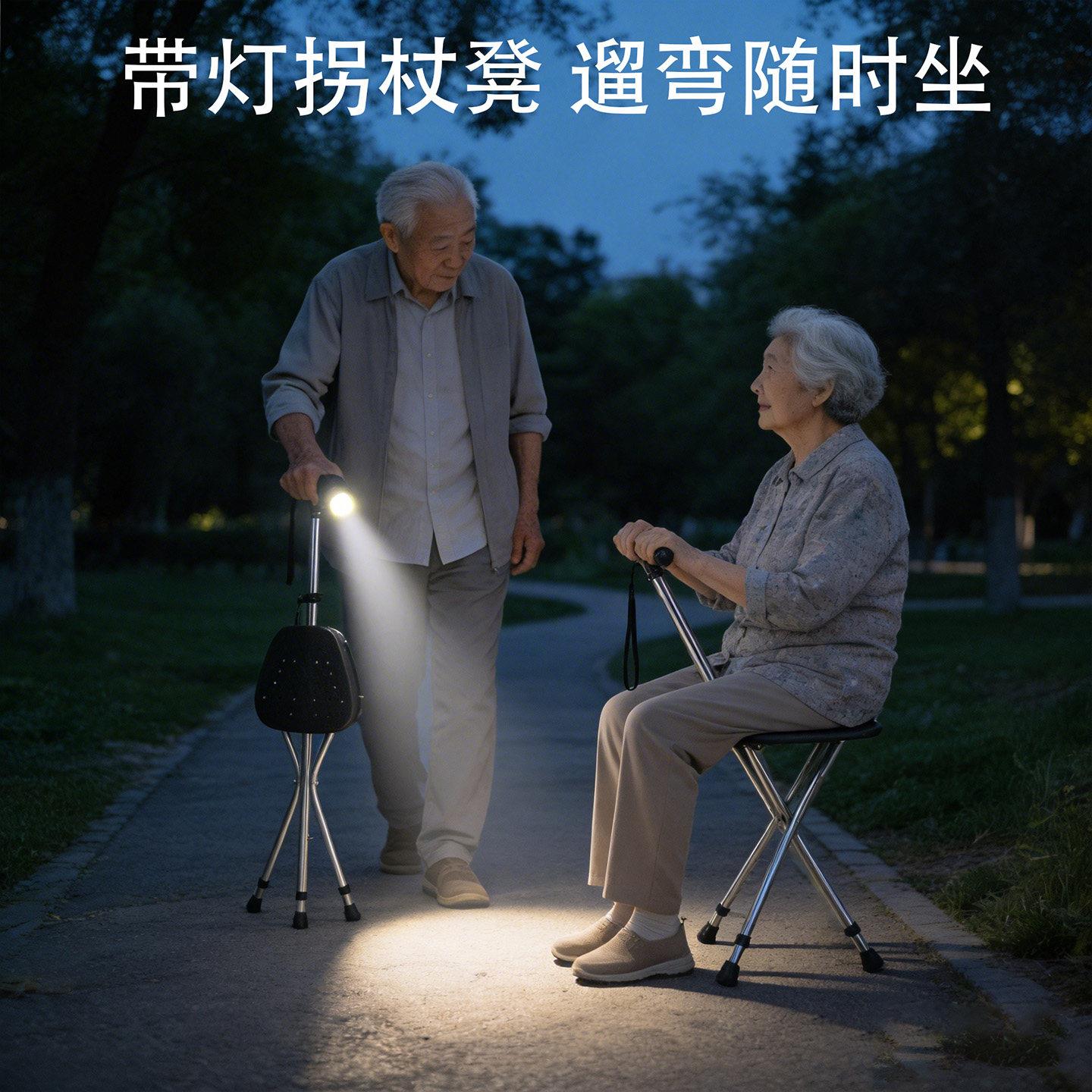 老年人拐杖凳带灯可折叠可携式买菜遛弯防滑防摔可坐助行可调节手