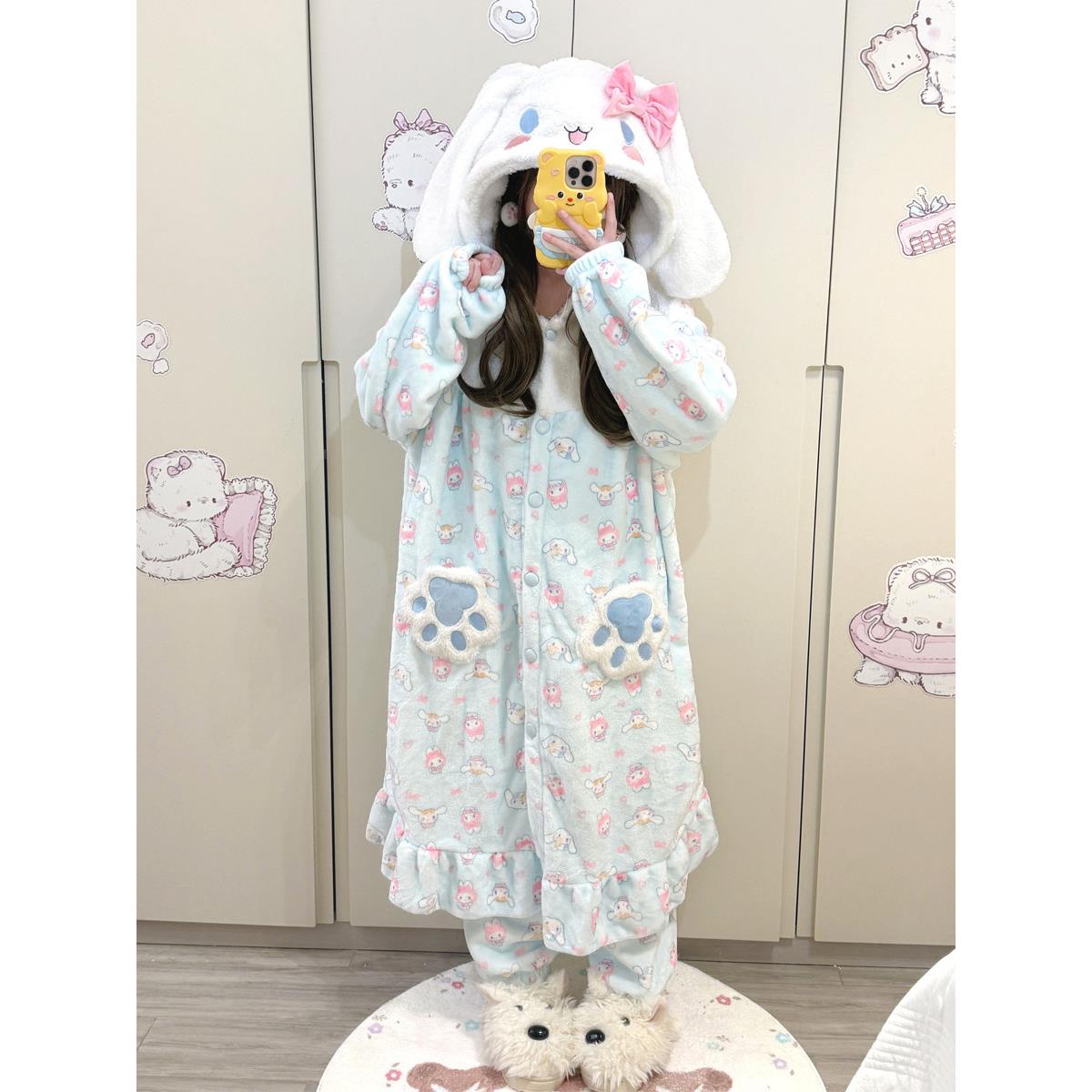 原创冬季可爱玉桂狗珊瑚绒睡袍女款加绒加厚中长款睡衣长袍家居服