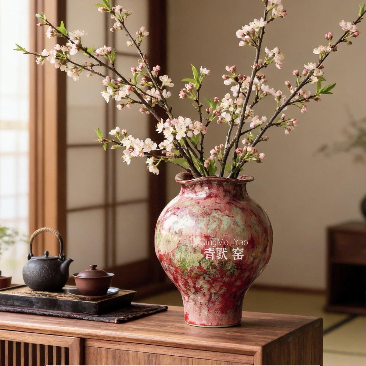 中式花瓶摆件客厅插花创意彩绘红色古典家居饭厅台面装饰陶瓷摆设