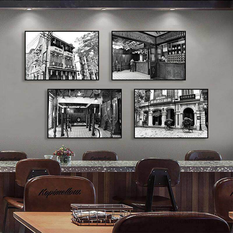 黑白南洋建筑风景装饰画 画覆古老照片火锅店东南亚饭厅饭店餐厅