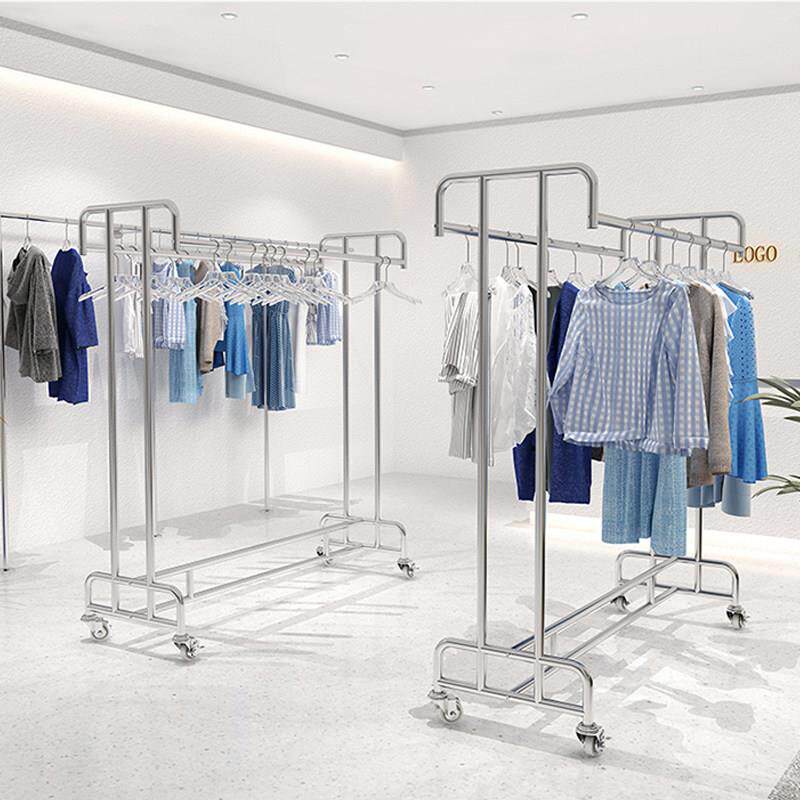 男女装服装店不锈钢落地展示架双杆挂衣架晾衣架双杠中岛架陈列架