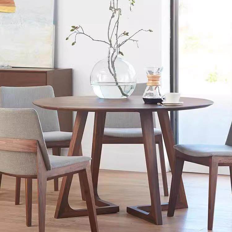 北欧实木黑胡桃木圆桌餐桌现代简约北美家用小户型圆形吃饭桌子