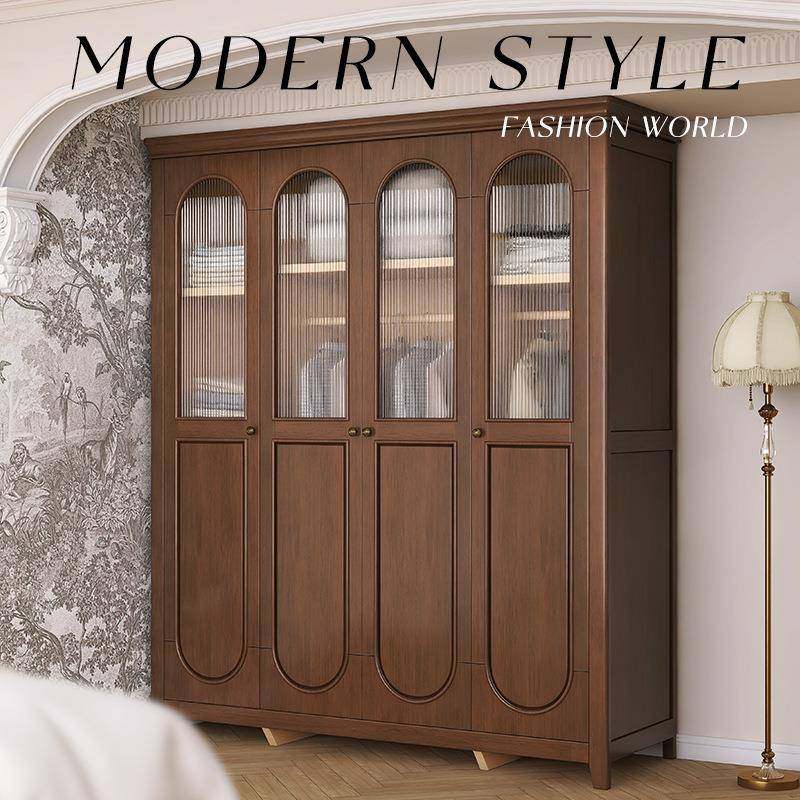 乡村美式实木衣柜家用卧室储物四门大衣柜现代简约法式衣橱玻璃门