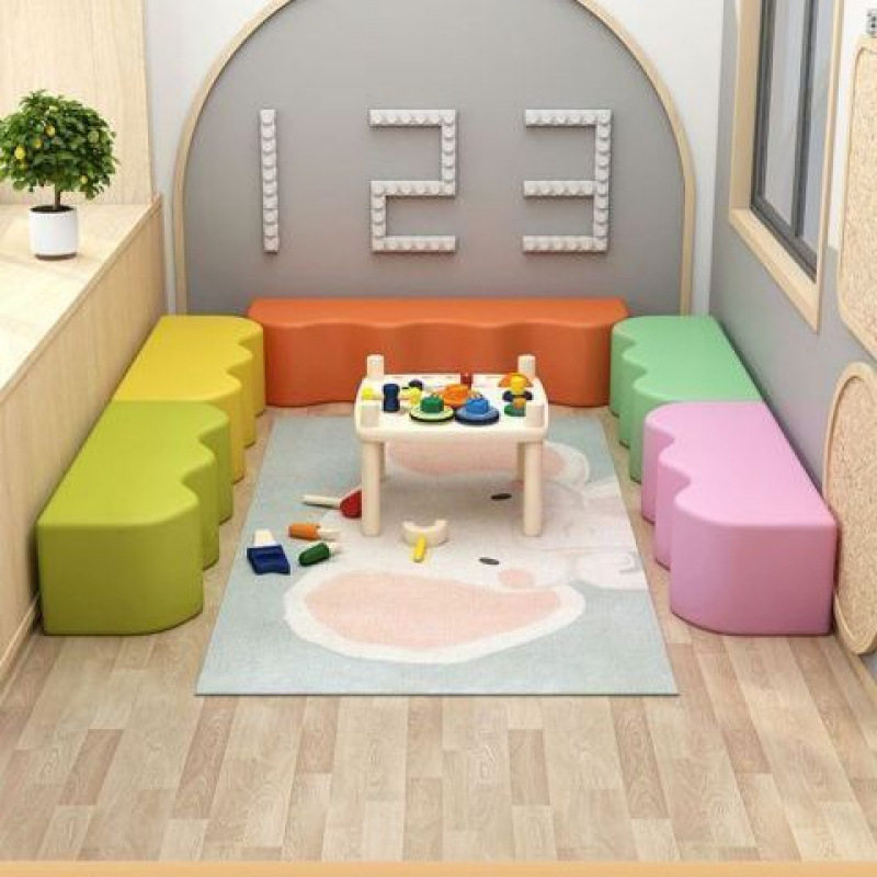 幼儿园软包波浪沙发凳子培训机构大厅异形长条凳早教凳子木美式