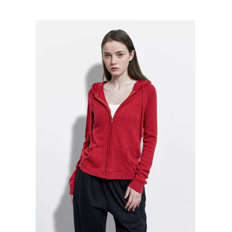 BM针织开衫女2026新款秋冬红色插肩袖百搭显瘦高级感连帽针织外套