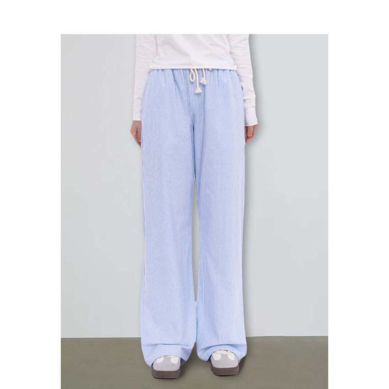 BM纯棉条纹低腰休闲裤2026新款夏秋裤子宽松慵懒风长裤女拖地裤