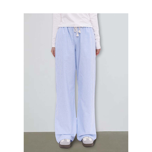 BM纯棉条纹低腰休闲裤2026新款夏秋裤子宽松慵懒风长裤女拖地裤