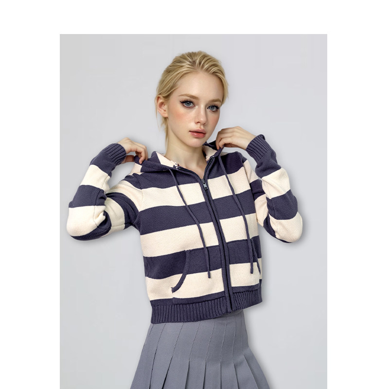 BM条纹开衫女2026新款春秋连帽拉链修身显瘦百搭长袖短款针织外套