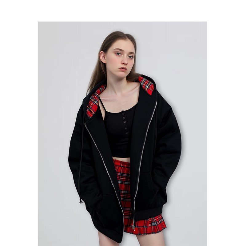 BM卫衣外套女2026秋冬新款加绒加厚棉服红色内格纹连帽开衫外套潮