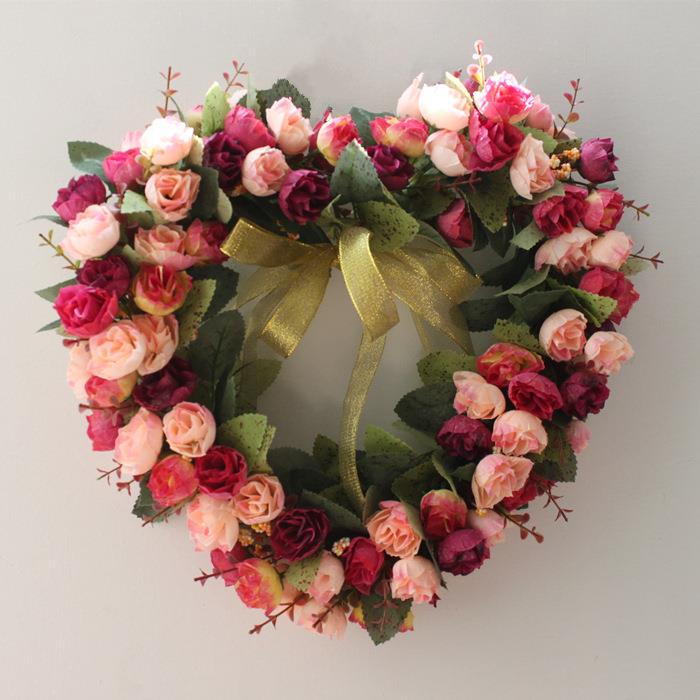 厂家直销节日舞台装饰花仿真绢花假花房门环花环婚礼装饰心形花艺