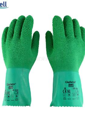 安思尔16-650防水耐高温手套双螺纹棉天然橡胶手套31cm长绿色