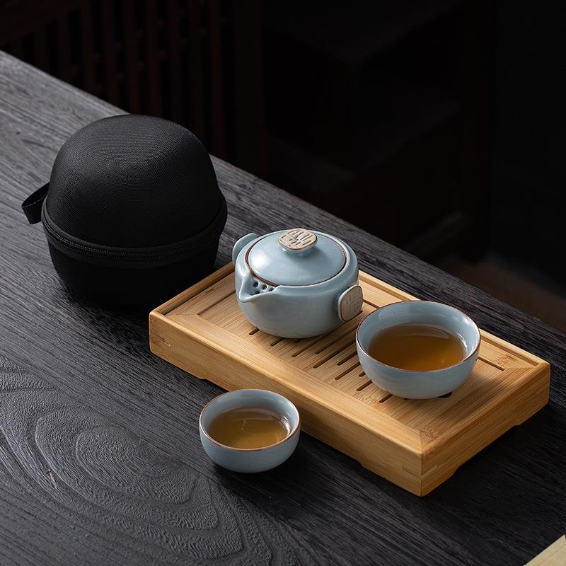 汝窑快客杯一壶一杯单个人专用手抓泡茶壶茶杯露营便携式旅行茶具