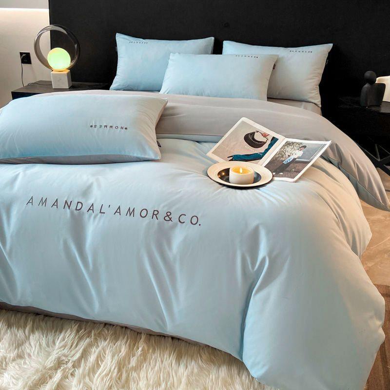 轻奢风水洗棉床上四件套纯色磨毛刺绣被套床单床笠宿舍三件套工厂