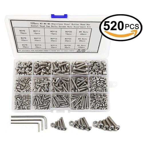 520pcs/盒M3 M4 M5不锈钢内六角平头盘头半圆头螺丝螺母配套组合