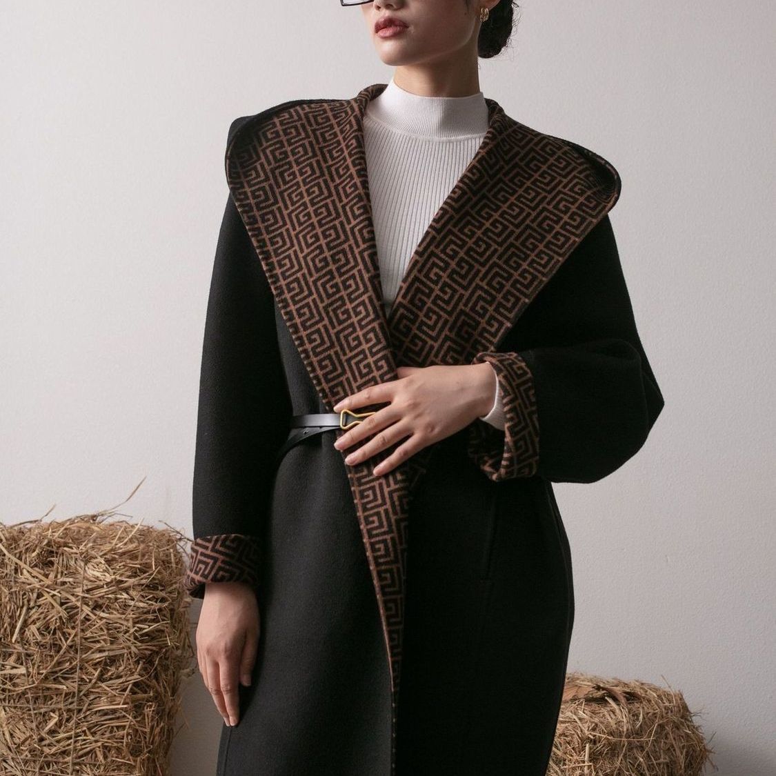 双面2025澳洲羊毛大衣系带高端