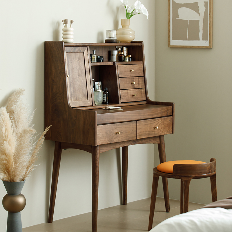 北美黑胡桃木化妆台妆凳简约实木卧室多功能收纳化妆Y桌带折叠镜