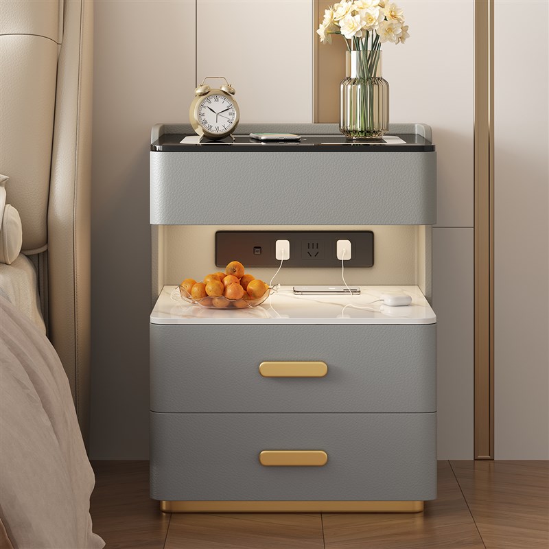 简约现代新款智i能实木床头柜主卧室多功能带灯无线充电家用指纹