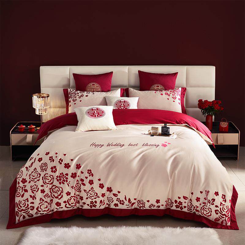 高端大气结婚婚床上用品四件套纯棉全棉婚庆套件酒红色系新婚喜被