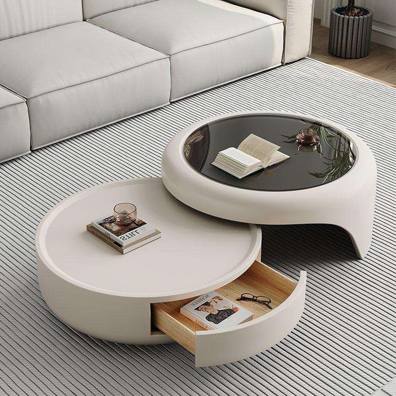 奶油实木茶几客厅家用组合简约小户型现代轻奢电视柜高级圆形玻璃