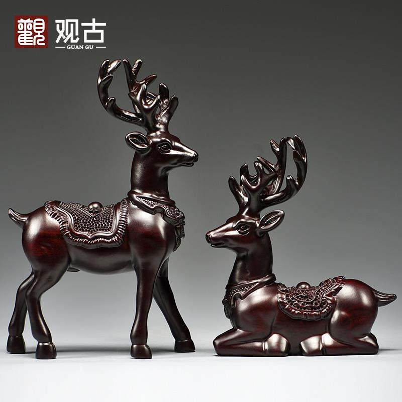 黑檀木雕梅花鹿摆件家居客厅实木麋鹿一对工艺品桌面摆设酒柜装饰