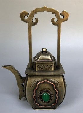 古玩收藏纯铜白铜錾刻鹿鹤同春人物图提梁茶壶酒壶问酒壶装饰摆件