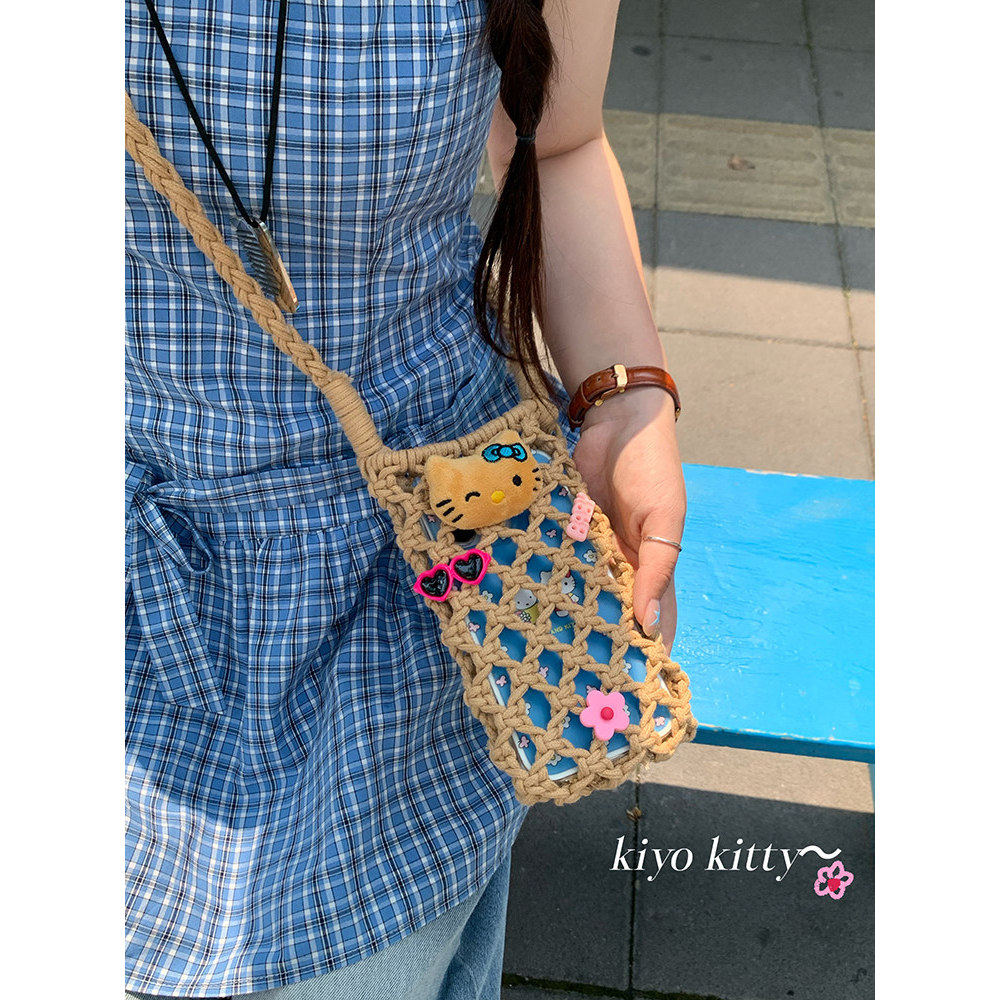 夏威夷kt猫咪手工编织镂空斜挎包女夏日度假出门遛弯卡通手机包