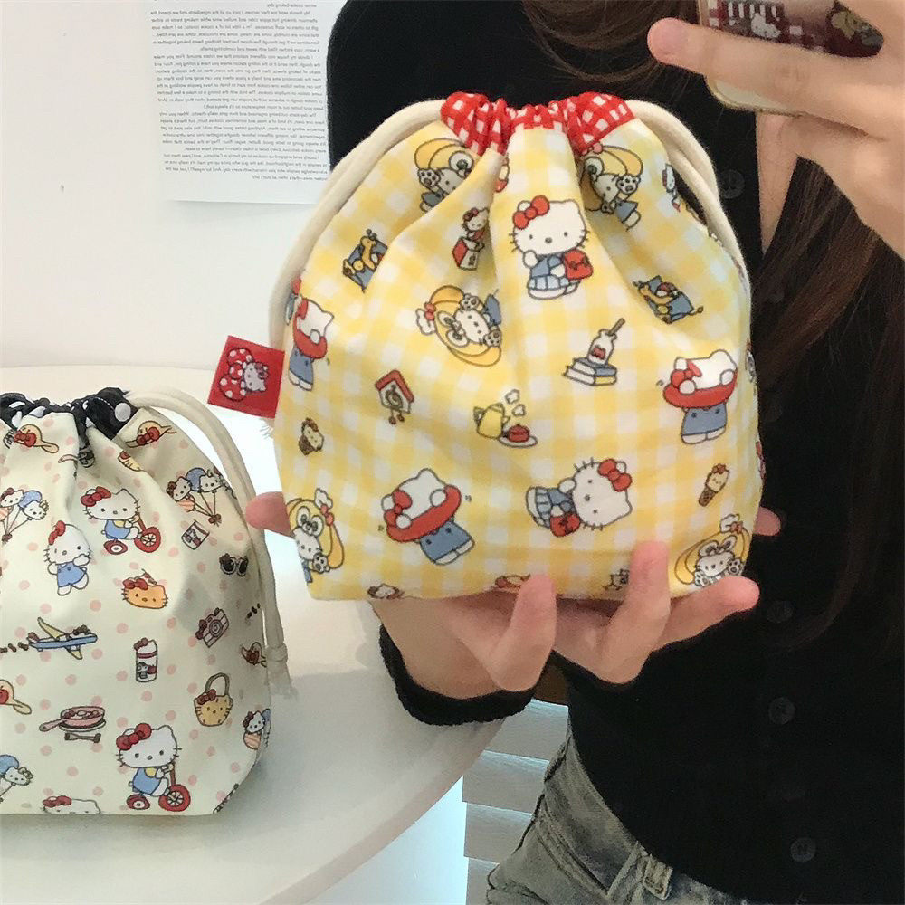 可爱卡通Kitty猫印花布艺收纳袋束口袋抽绳便携旅行化妆品收纳包