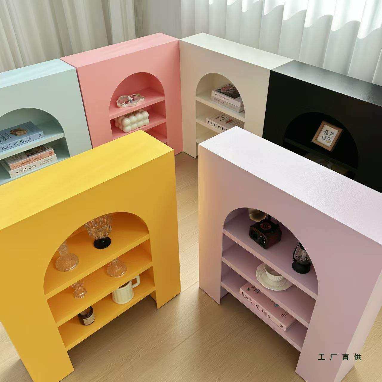 多巴胺彩色玄关壁炉装饰柜奶油风直播背景置物柜简约陈列展示柜子