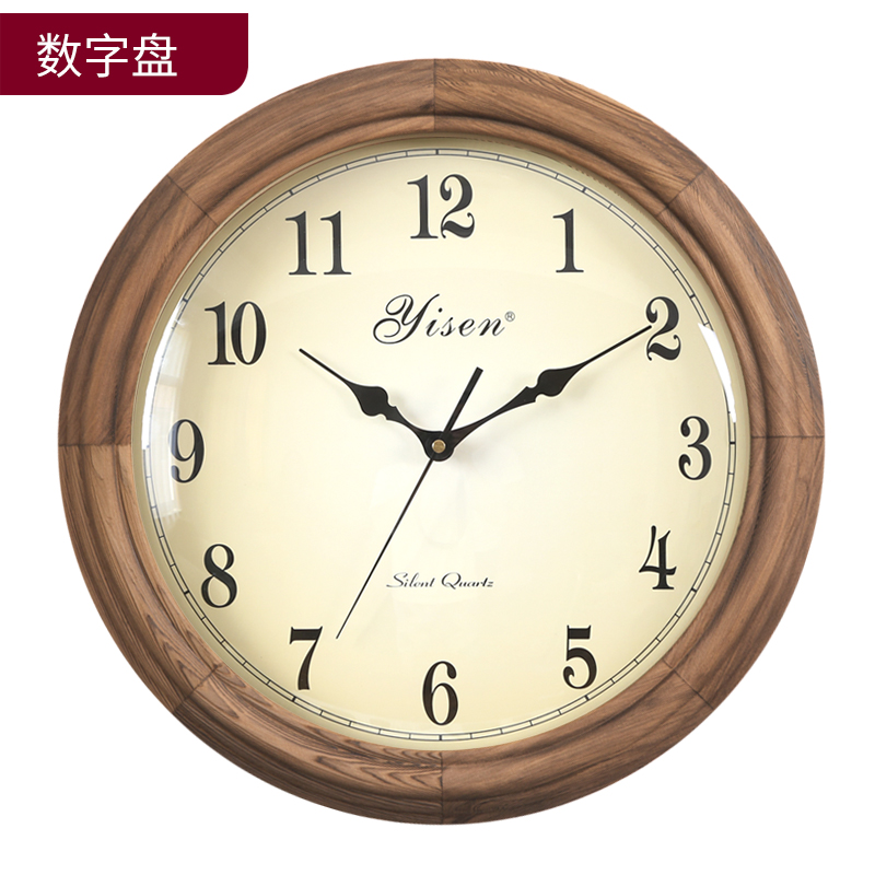 欧式香樟实木圆形挂钟创r意复古客厅静音16英寸时钟时尚简约石英
