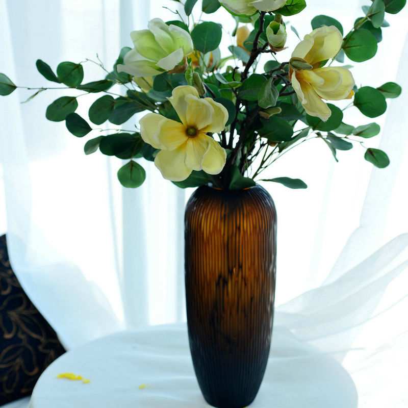 彩色玻璃花瓶客厅家居玻璃工艺品 办公插花器条纹路手工摹刻花瓶