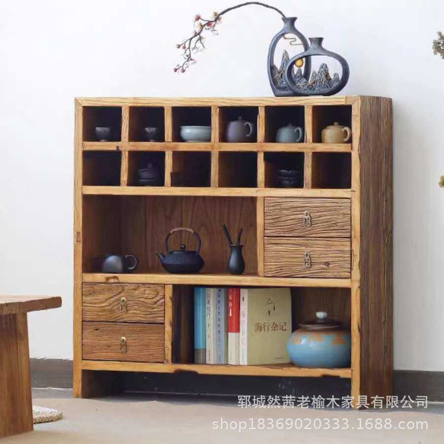 中式老榆木博古架客厅茶具瓷器酒瓶收纳架实木多层书架落地收纳架