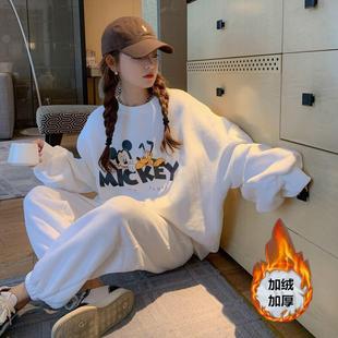 418#加绒加厚网红休闲运动套装女秋冬季米奇时尚宽松卫衣两件套