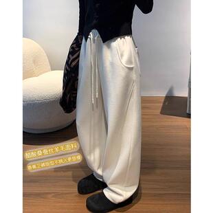 白色阔腿裤女秋冬休闲羊毛呢香蕉卫裤宽松加绒直筒裤垂感弯镰刀裤