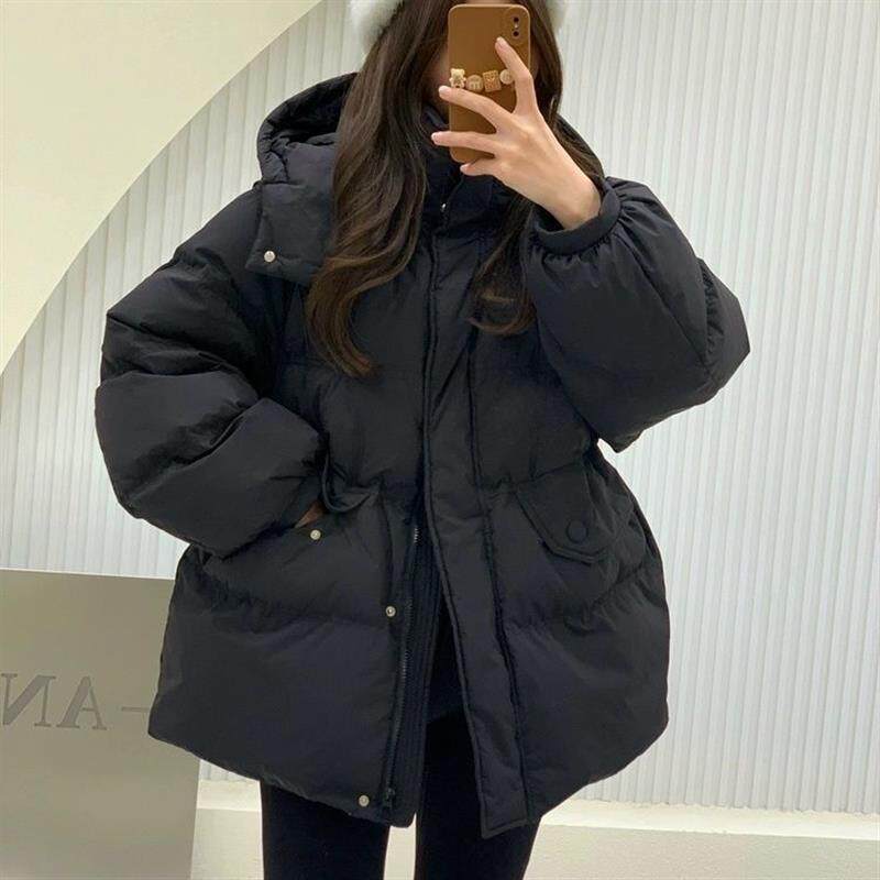 2025新款冬装韩版连帽收腰羽绒服女中长款休闲宽松加厚白鸭绒外套