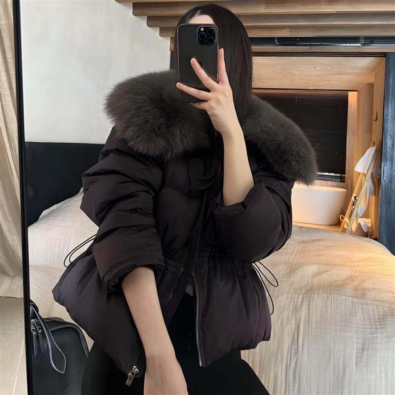 大狐狸毛翻领羽绒服女2025冬季新款高级感宽松收腰显瘦鸭绒外套女