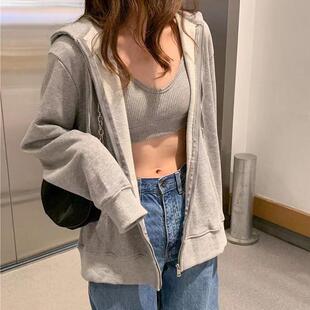 时尚休闲小宽松拉链开衫薄款卫衣外套2025秋季新款百搭长袖灰色女