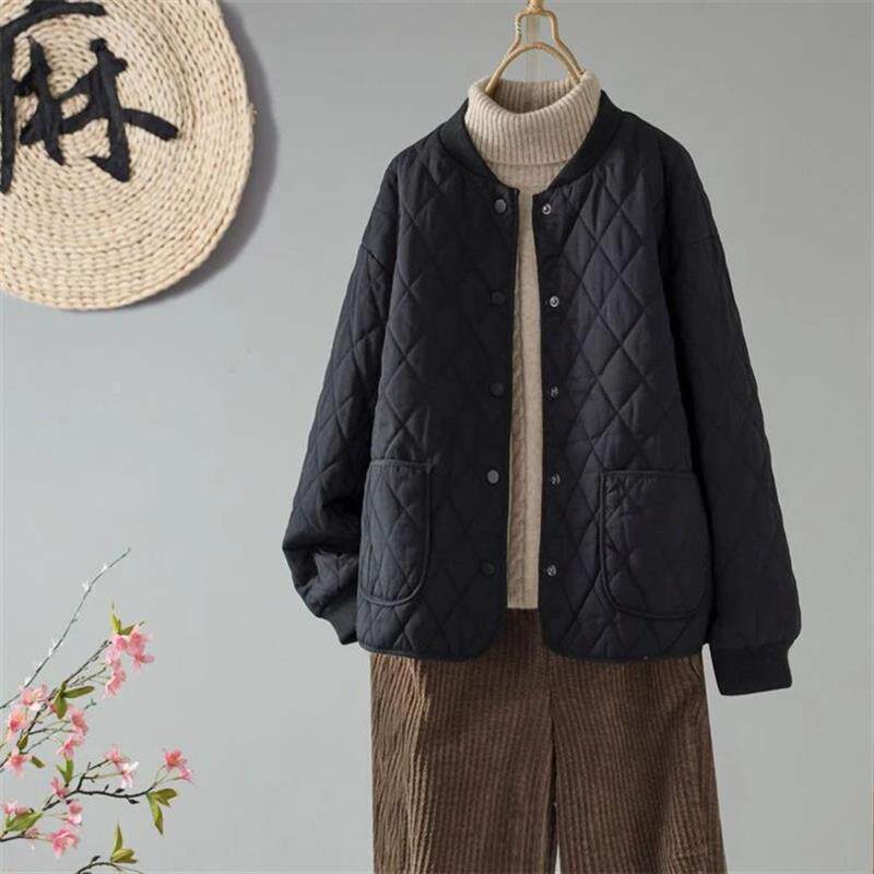 爆款夹棉外套女2025菱格冬季新款短款宽松时尚纯色轻薄款棉服棉衣