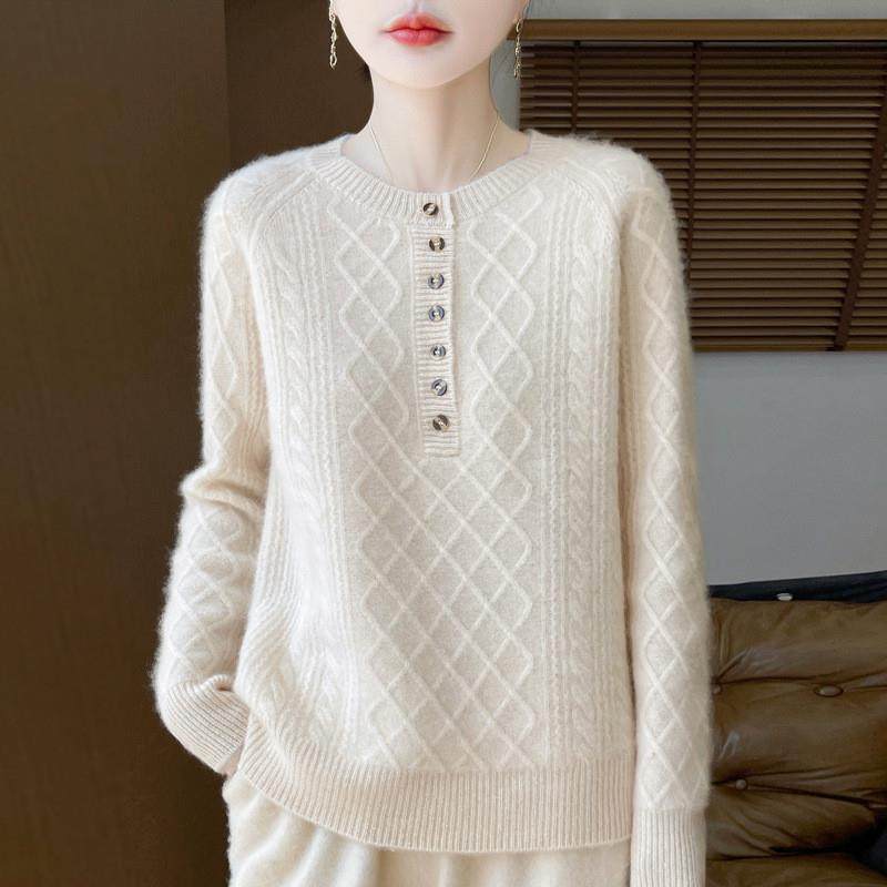 七针加厚圆领毛衣100纯羊毛衫套头内搭秋冬新款复古扭花半开扣衫,女装/女士精品,羊绒衫,淘宝优惠券,粉丝福利购,淘宝优惠卷
