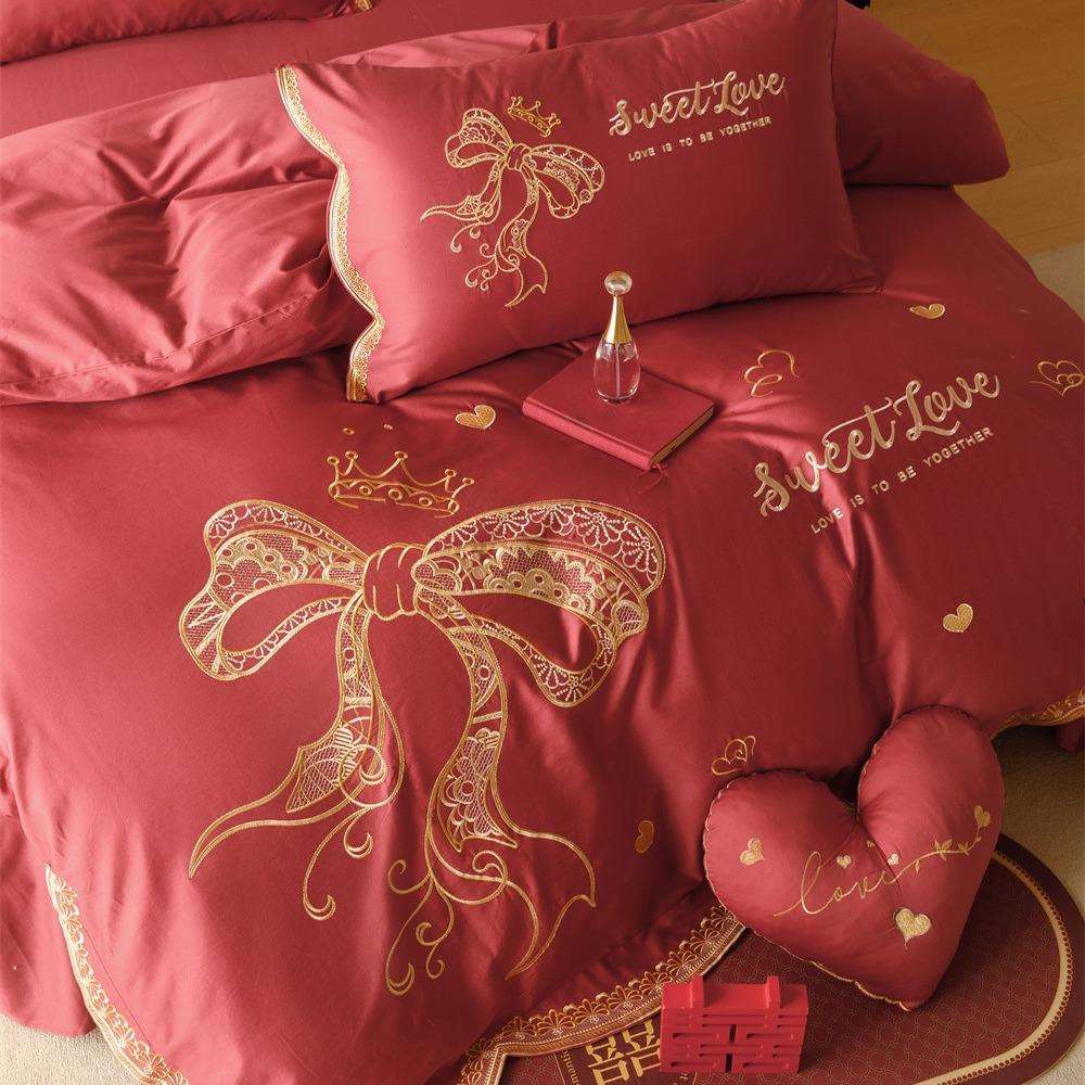 法式浪漫婚庆澳棉四件套蝴蝶结刺绣红色结婚被套床上用品