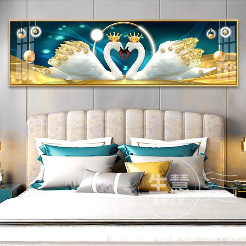 夫妻床头挂画轻奢晶瓷床头画天鹅情侣婚房卧室装饰画北欧酒店横幅图片