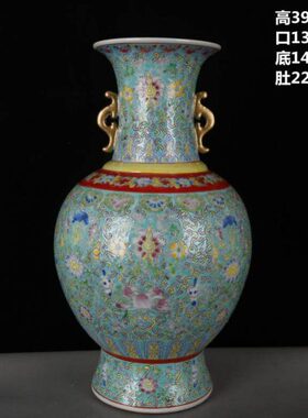 地彩双耳乾隆家居摆件）古董货古玩古典特价仿古瓷瓶旧收藏绿珐琅