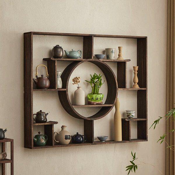 博古架式架长方形中式壁挂置物架子挂墙古董多宝阁实木圆形茶壶架