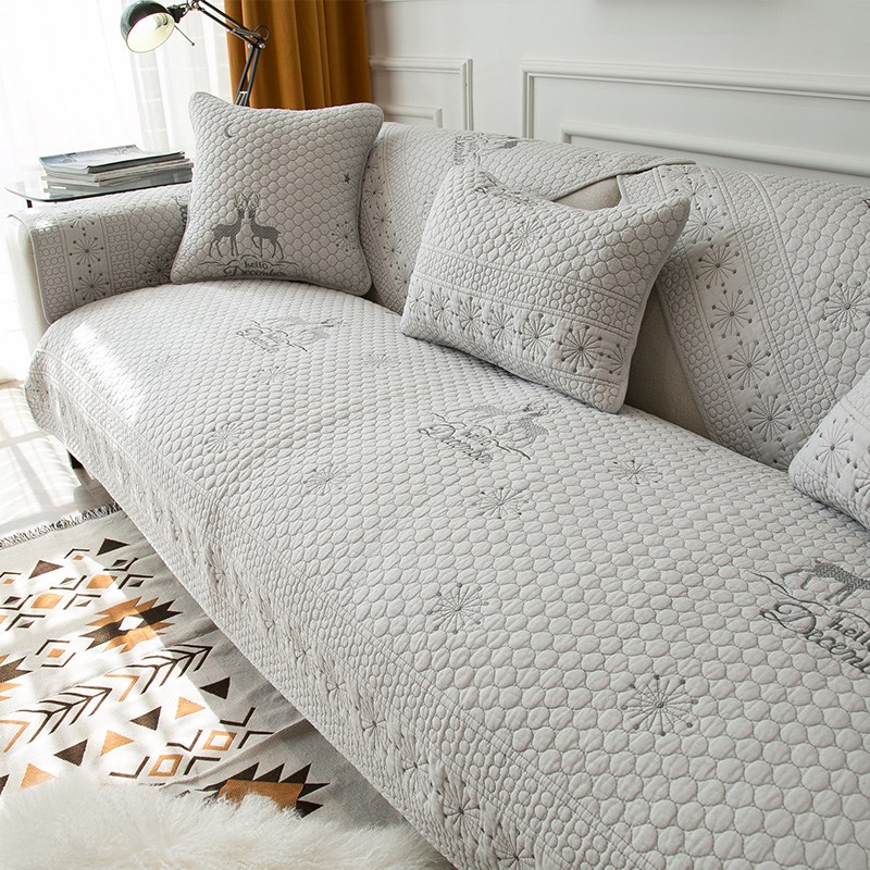 全棉沙发垫四季通用纯色布艺防y滑坐垫北欧简约双面现代皮沙发套