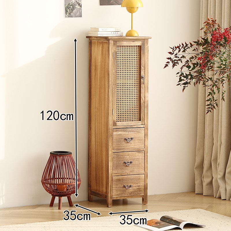 卧室藤编斗柜实木床头柜窄t复古做旧餐边柜靠墙收纳带门客厅酒柜