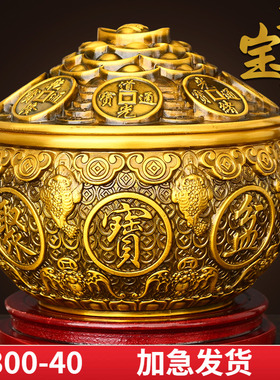 纯黄铜聚宝c盆摆件带盖金蟾五福装饰客厅办公室店铺开业送礼招米