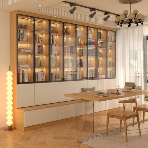 客厅书柜b一体整墙带卡座玻璃门到顶书架组合定制一面墙防尘储物