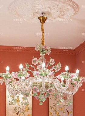 茱莉安法式艺术浪漫粉绿色手工吹制玻璃别墅客厅卧Y室公主房吊灯